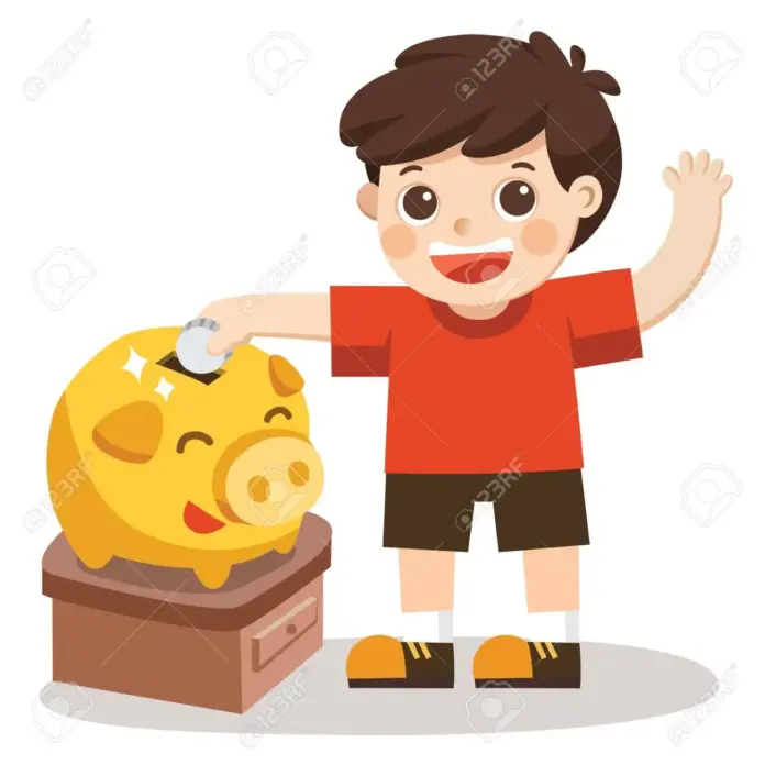 A Little Boy happy to saving money in piggy bank. Isolated vecto